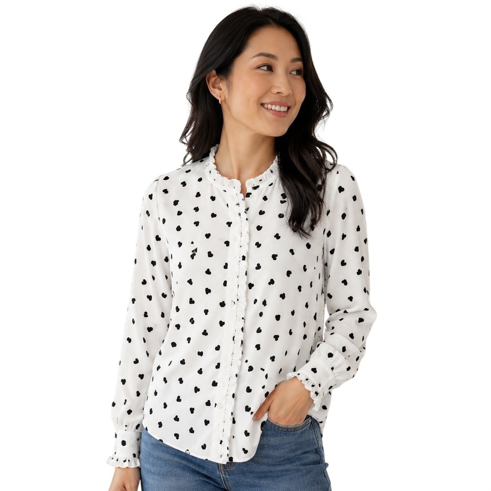 NEW Cupcakes & Cashmere White Black Heart Print Ruffle Button Down Blouse XS